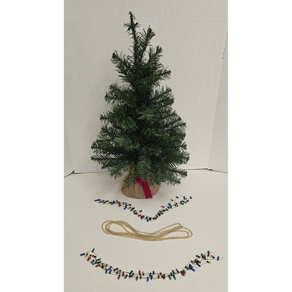 Mini Artificial Christmas Tree 24in Burlap Base Gold Garland Faux Lights Set